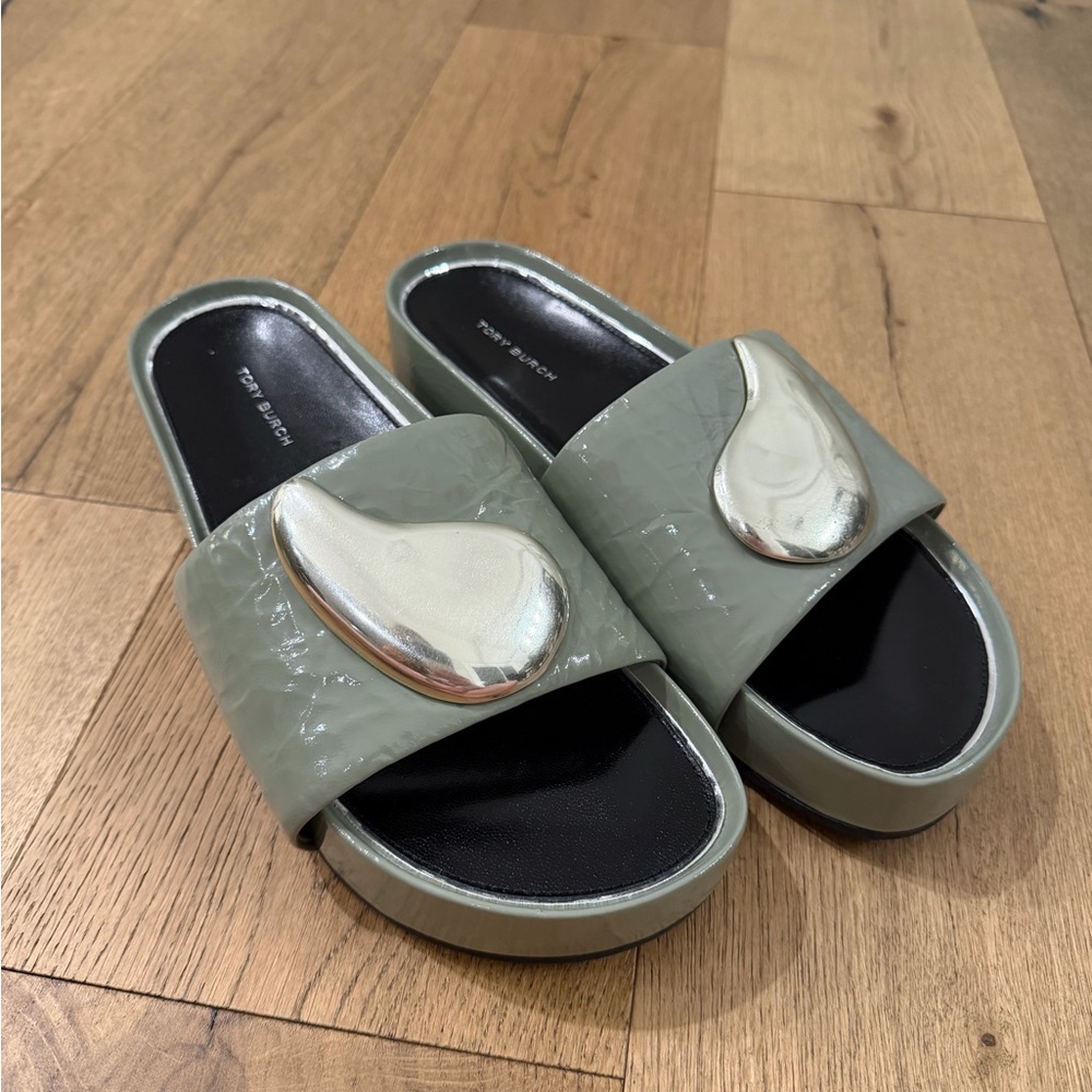 Tory Burch Patos Platform Slide Crinkle Patent Leather Light Jade Size 8.5